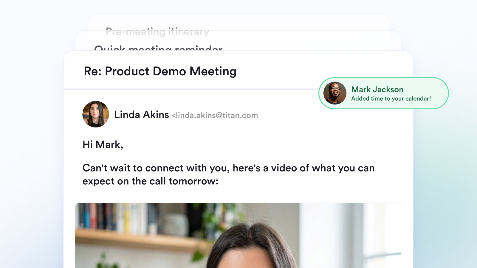 Personalized video email from a sales rep, with the prospect booking a meeting directly from the message