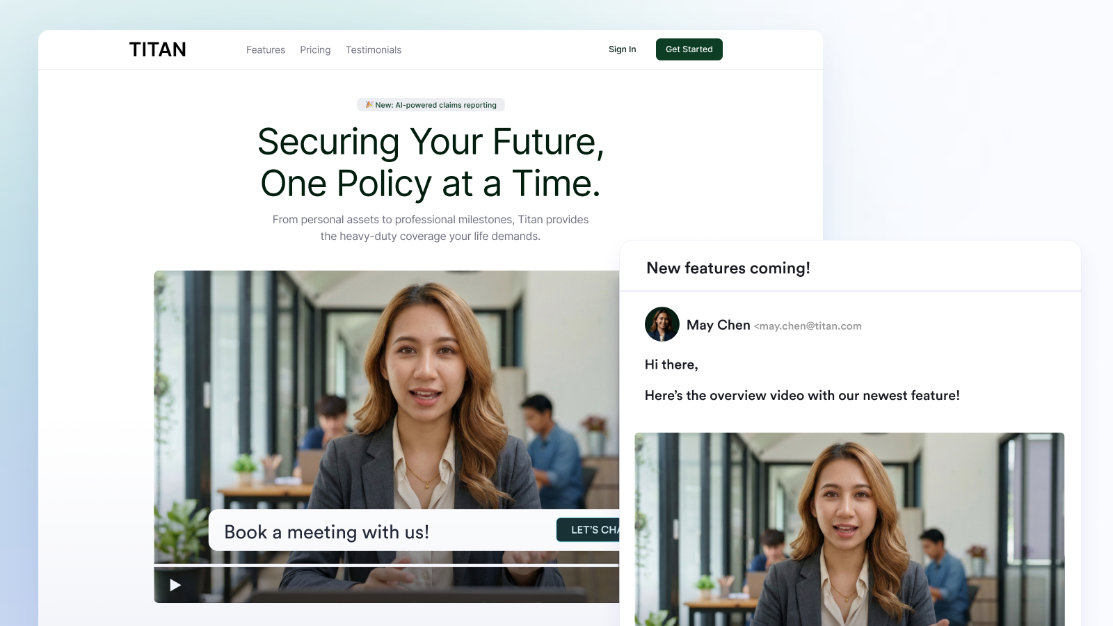 A prospect booking a meeting after watching a video on a company's website, same rep following up by email with another video