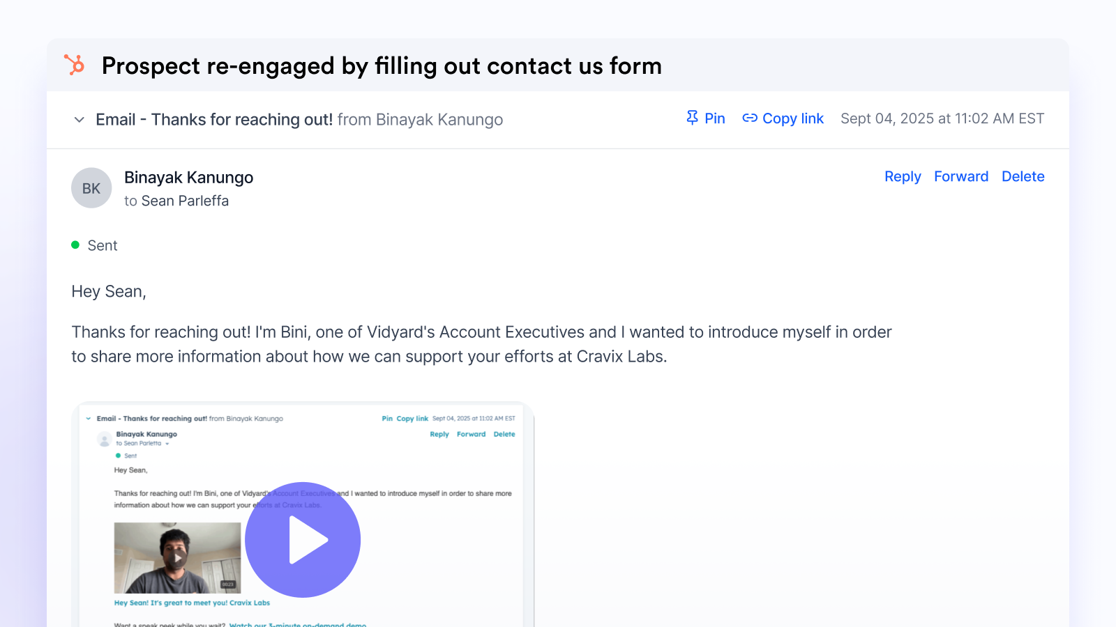Personlize Sales outreach Vidyard and Hubspot